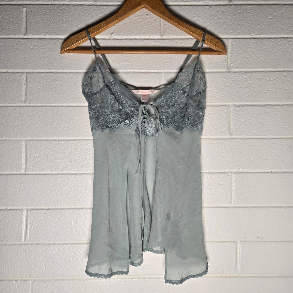 Vtg Y2K Victoria's Secret Womens Babydoll Chemise Green Small 100% Silk Lace